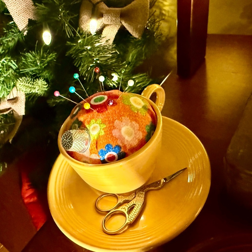 Sweet Yellow Pins and Needles Teacup Sewing Caddy